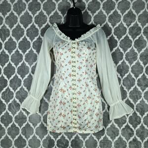 Eggie Mini Dress Corset Hook Small Cream Floral Front Long Sleeve Cottage